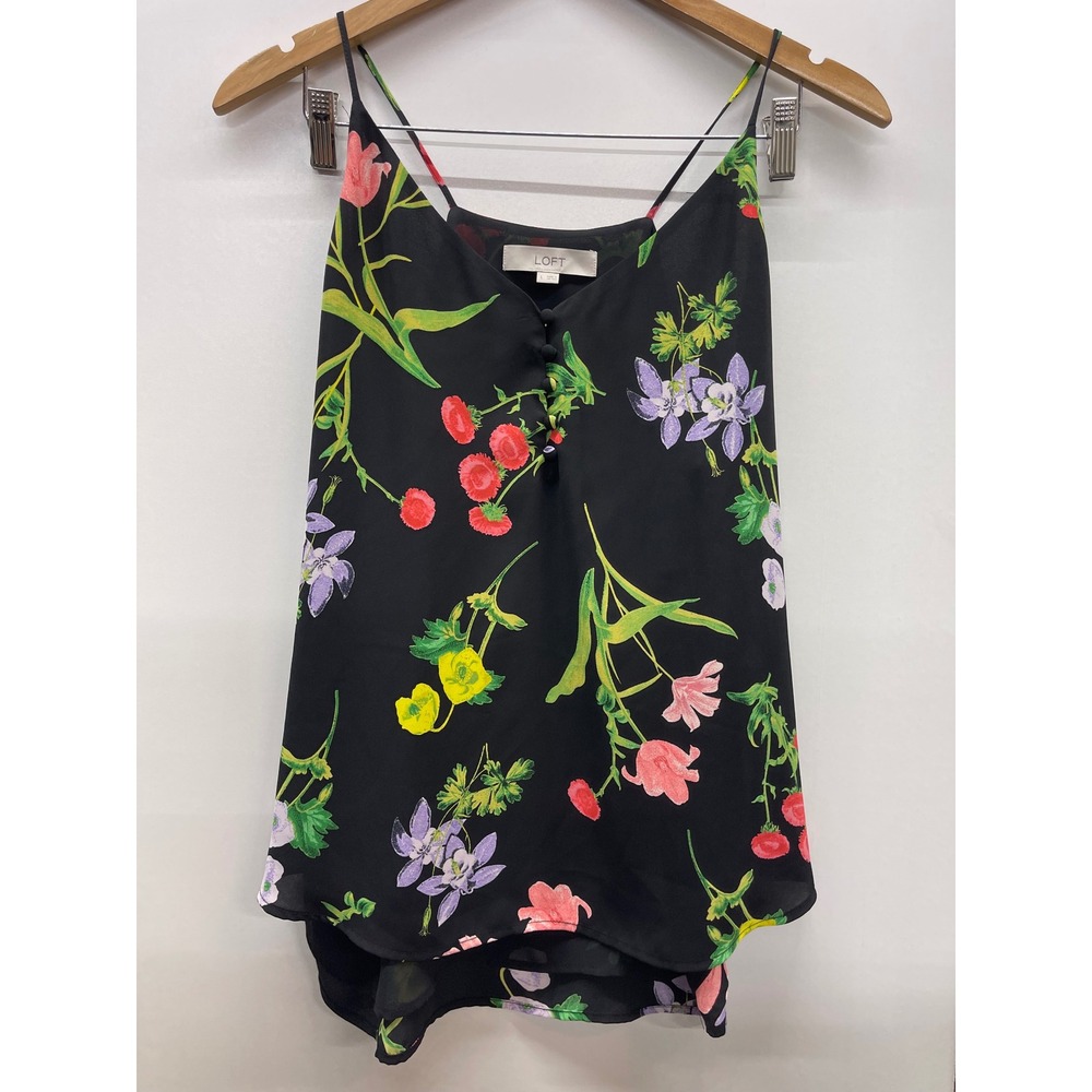 LOFT Black Floral Spaghetti Strap Cami V-Neck Button Front Blouse Large